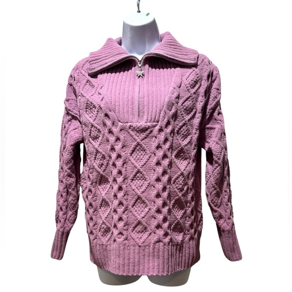 Hazel Moon Pink Cable Knit Half Zip Sweater Chunky Textured Pullover Size S